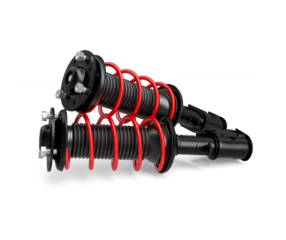Car Suspension System Detail: A detailed and sharp image of a car suspension system, showcasing its components. The vibrant red springs beautifully contrast against the dark parts.