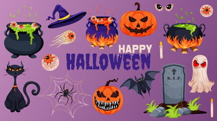 Brightly colored spooky vector elements set for Halloween celebration. Vector illustration for party decorations, invitations, decor.