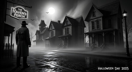 Black and white halloween scene with man, haunted houses, and full moon