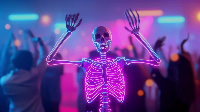 Dancing skeleton with glowing neon outline moves among a cheering crowd under colorful lights at a lively party. 4K video
