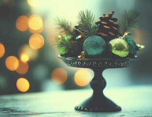 Dark metal decorative bowl filled with teal and lime green Christmas ornaments, pine branches, and pinecones, set against a blurred background of holiday lights