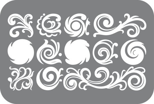 Collection of elegant white swirling floral and scrollwork decorative elements on a grey background perfect for design inspiration and crafting
