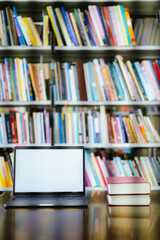 There is a laptop with a white screen and a book placed on the table in the library.
