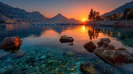 Panoramic sunset over calm turquoise sea