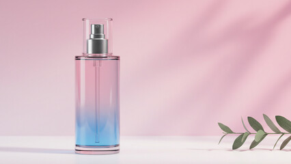 Elegant Perfume Bottle With Graduated Pink and Blue Hues, Featuring a Silver Cap and a Delicate Green Leaf in Soft Lighting