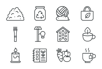 Eco Countryside Icon Set. Outline icon set of eco countryside lifestyle: compost pile, recycled jar, natural
