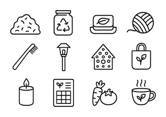 Fototapeta premium Eco Countryside Icon Set. Outline icon set of eco countryside lifestyle: compost pile, recycled jar, natural