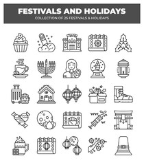 Collection of 25 Festivals and Holidays. Line Icons Set