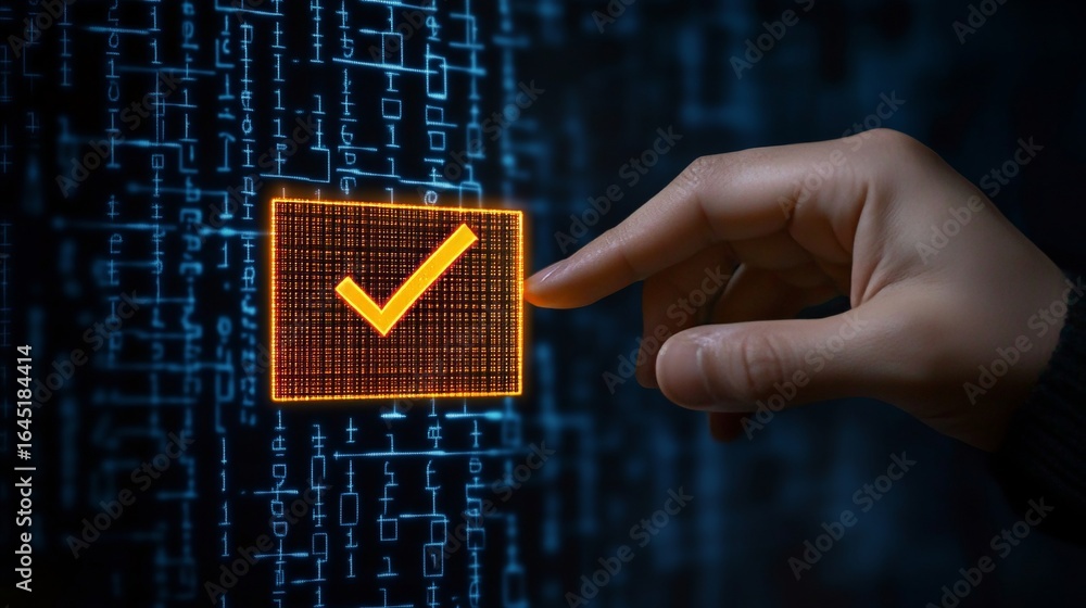 Aufkleber digital confirmation with a glowing checkmark symbolizing approval in a modern technology setting
