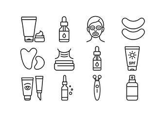 Anti-Aging Skincare Icons. Outline icon set of anti-aging skincare: retinol cream, collagen serum, firming