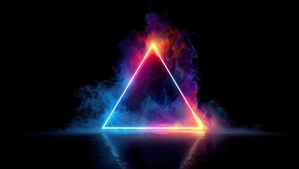 Neon triangle frame, vibrant colors, smoke, abstract