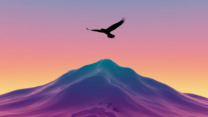 Naklejka premium A lone eagle soars with freedom above a surreal purple mountain range during a vibrant sunset, a minimalist digital illustration concept.