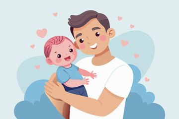 A father lovingly holds his baby in his arms with hearts in the background