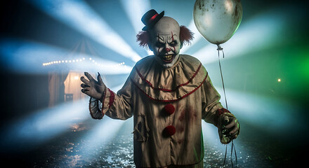 Scary clown with balloon in halloween setting