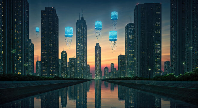 Futuristic Cityscape with Blue Data Clusters Reflecting in Water - Powered by Adobe