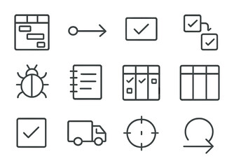 Project Management Icons. Outline icon set of tech for project management: Gantt chart, timeline arrow, status