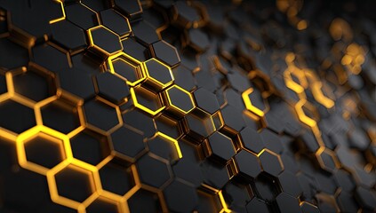 Abstract honeycomb pattern, black hexagons with glowing yellow lines