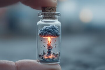 A glass vial containing a dramatic explosion against a blurred dark background.