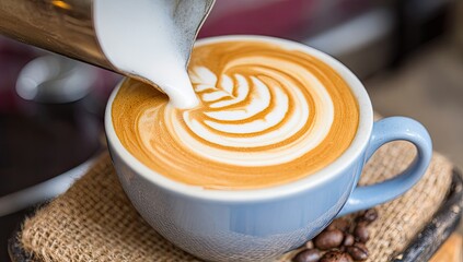 Latte art being created in a light-blue mug