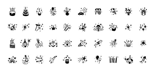 Set of hand drawn doodle birthday icons. Cake with candles, party hat, flying balloons, gift box. Childish kid crayon whimsical scribbles. Happy anniversary celebration with music, firework, confetti