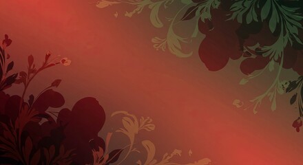 Floral arrangement in shades of red, green and beige, placed in opposite corners, over a gradient background ranging from terracotta to dark red.