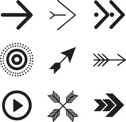 A web icon set featuring black directional arrows, play and pause buttons, and other media control symbols for internet interface design