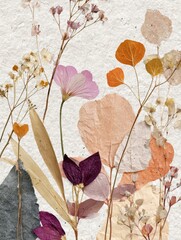 Pressed Botanical Beauty: A captivating composition of pressed flowers and foliage, elegantly arranged on a textured backdrop.