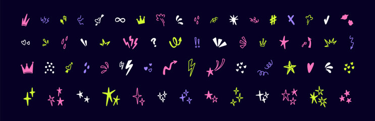 Set of hand drawn cute line doodle design elements. Sketch drawing in manga manga Japanese style. Magic, motion, movement, impact, explosion, angry comic effect. Heart, star, tear shape