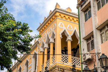 Close up on the Portuguese style buildings in the historical downtown of Macau.