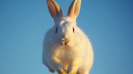 Fototapeta premium White rabbit mid-leap against a vibrant blue sky