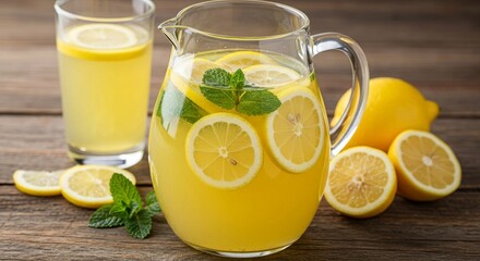 A clear pitcher and glass of lemonade, with lemon slices and mint, on a wooden surface. Lemons sit nearby.