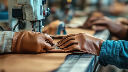 A close up of hands in leather gloves working with a sewing machine on a leather product in a workshop