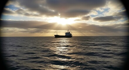 Cargo ship at sunrise sunset over water