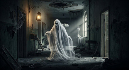 Ghostly figure in a dilapidated hallway