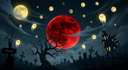 Halloween night scene with haunted house, cemetery, ghosts, and red moon