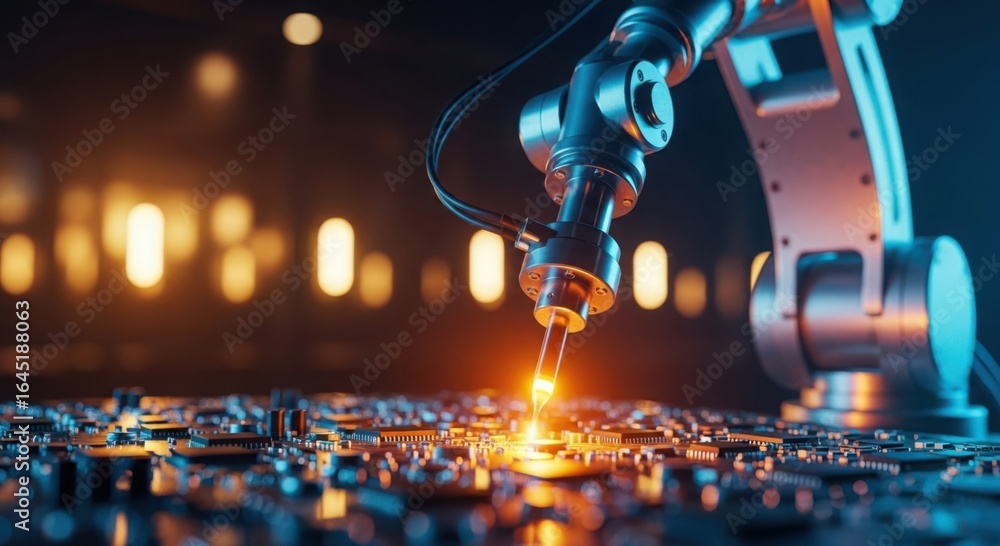 Aufkleber advanced robotic arm performing precision work on circuit board with sparks