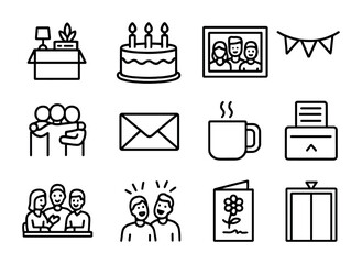 Fototapeta premium Workplace Farewell Icons. Outline icon set of workplace goodbyes: office box, farewell cake, group photo,