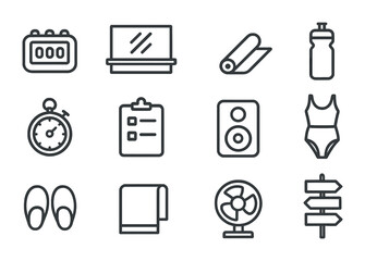 Rehearsal Tools Icons. Outline icon set of rehearsal tools: beat counter, mirror wall, warm-up mat, water