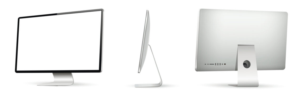 Realistic computer screen mockup. Computer display on three sides with blank screen.