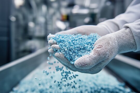 Gloved hands feeding blue plastic granules into automated production line in modern factory, showcasing industrial manufacturing and material processing technology