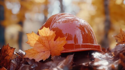 A wet orange construction helmet rests among fallen autumn leaves in a blurred outdoor setting