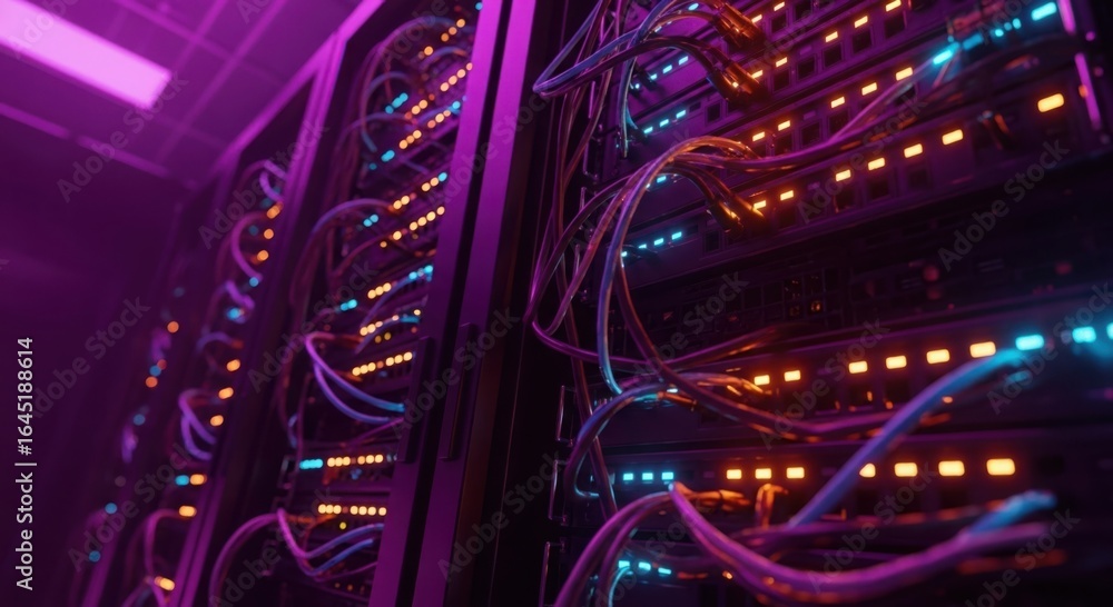 Poster vibrant network server racks with colorful led lights and data cables