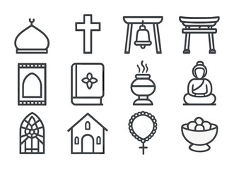 Religious Icons Grid. Outline icon set of religious heritage sites: mosque dome, church cross, temple bell,