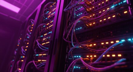 Vibrant network server racks with colorful led lights and data cables