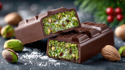 Close-up of a broken Dubai chocolate bar filled with pistachios and almonds, resting on a dark surface with blurred christmas lights in the background