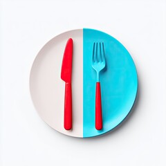 A round, divided plate, bisected into light pink and bright turquoise sections, holds a red plastic knife on the pink side and a matching red fork on the turquoise side