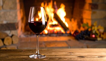 Elegant red wine ambiance beside a warm crackling fireplace for intimate relaxation and a cozy
