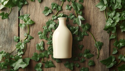 Organic mock of cream bottle surrounded by green ivy and wood texture