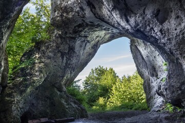 View from inside the Cave in Zegarowe Skaly, near Pilica in Poland