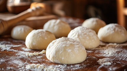 Fototapeta premium Freshly prepared dough balls lightly dusted with flour rest on a rustic wooden table, ready for baking delicious homemade bread or pastries in a warm kitchen setting.